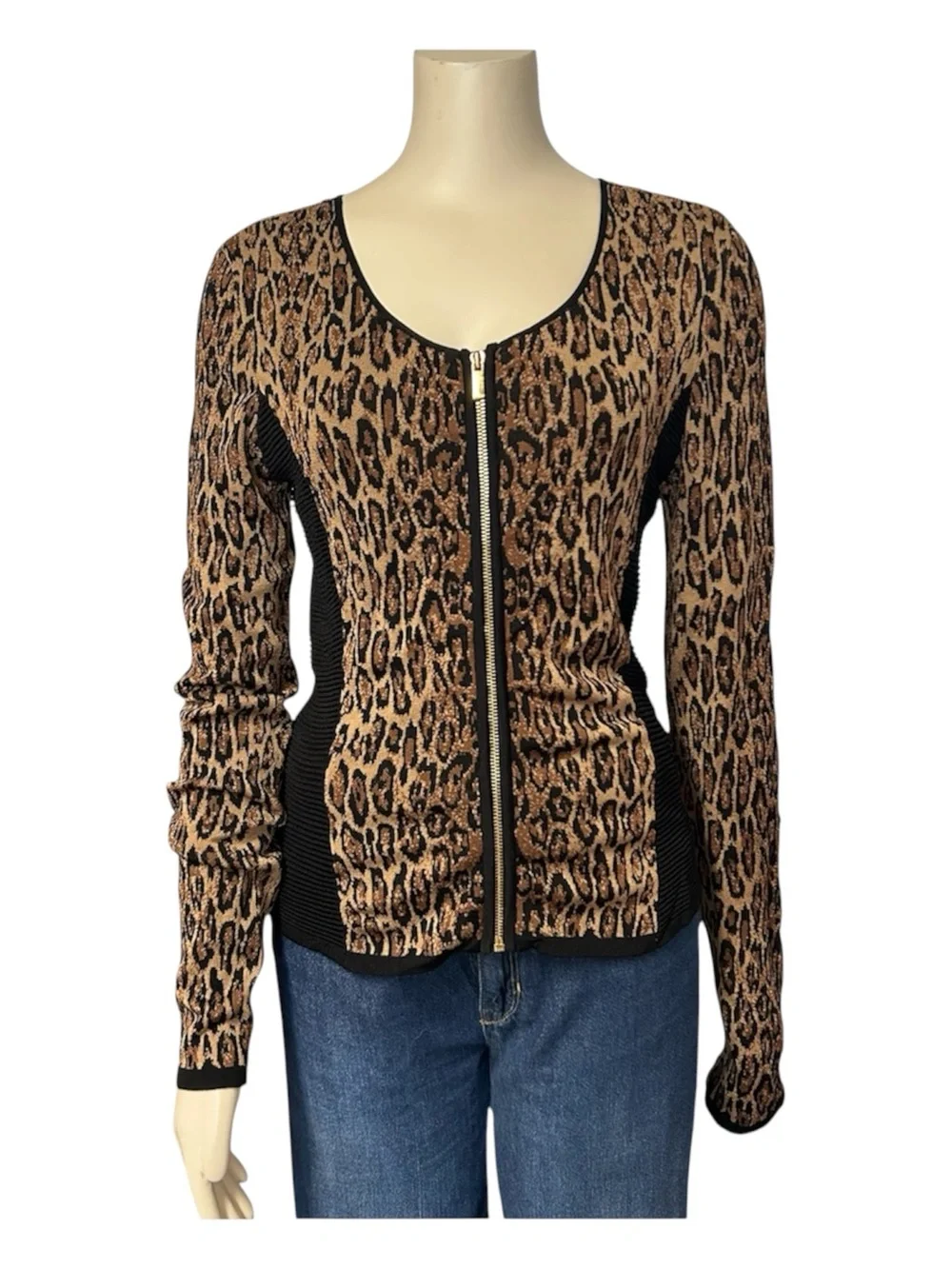 Cache Leopard Knit Zip Up Cardigan Womens XS Longs Sleeve Gold Brown